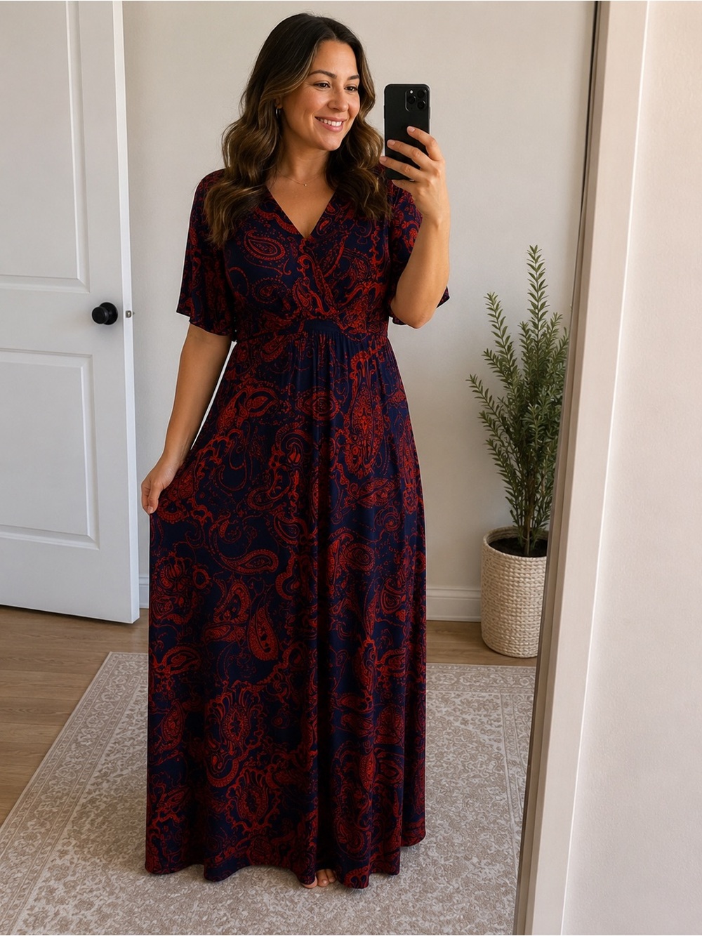 Flirty Pink Navy Rust Paisley Maxi Dress XL Boho Short Sleeve